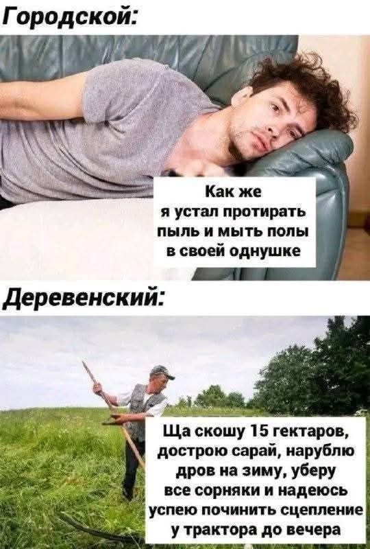 Городской:
Как же я устал протрáтивать пыль и мыть полы в своей однушке
Деревенский:
Ща схожу 15 гектаров, дострою сарай, нарублю дров на зиму, уберу все сорняки и надеюсь успею починить сцепление у трактора до вечера