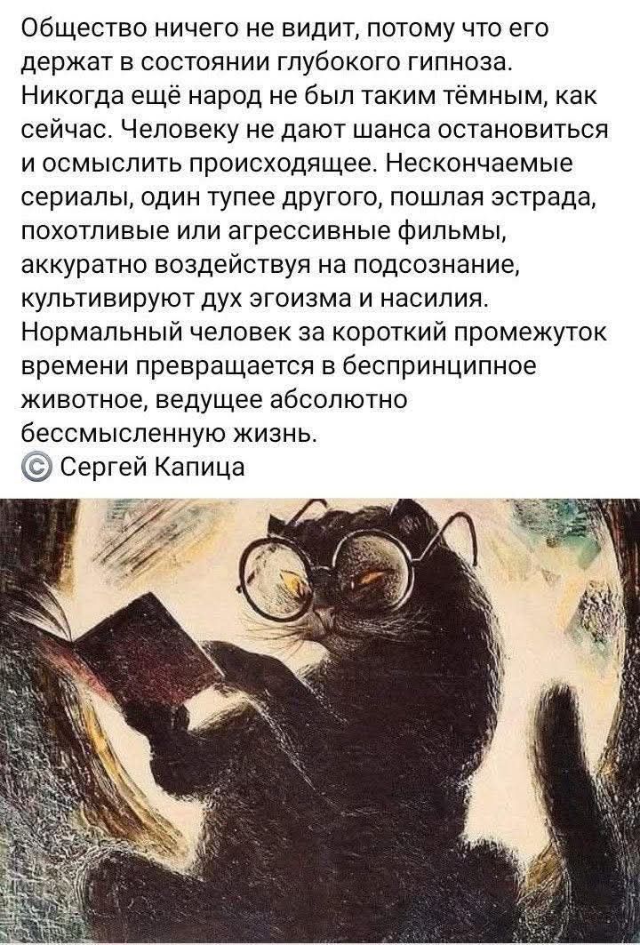 Общество ничего не видит, потому что его держат в состоянии глубокого гипноза. Никогда ещё народ не был таким тёмнён, как сейчас. Человек не дают шанса остановиться и осмыслить происходящее. Нескончаемые сериалы, один тупее другого, пошлая эстрада, похотливые или агрессивные фильмы, аккуратно воздействуя на подсознание, культивируют дух эгоизма и насилия. Нормальный человек за короткий промежуток времени превращается в беспринципное животное, ведущие абсолютно бессмысленную жизнь. © Сергей Капица