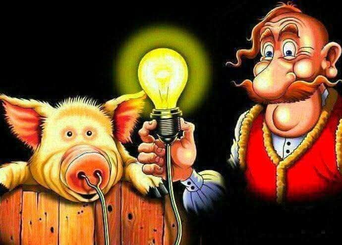 Карикатура: свинья и человек держат зажженную лампу между ними, свет светит из лампочки.