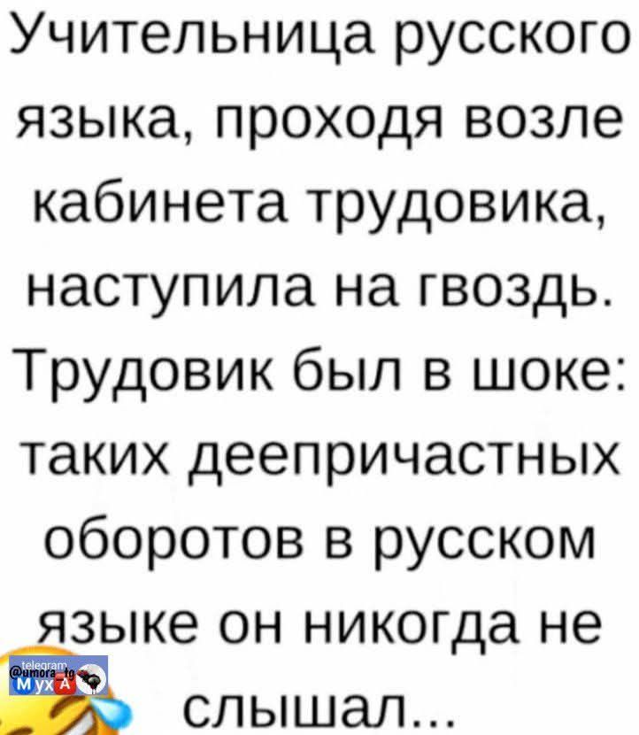 Учительница русского языка, проходя возле кабинета трудовика, наступила на гвоздь. Трудовик был в шоке: таких деепричастных оборотов в русском языке он никогда не слышал…