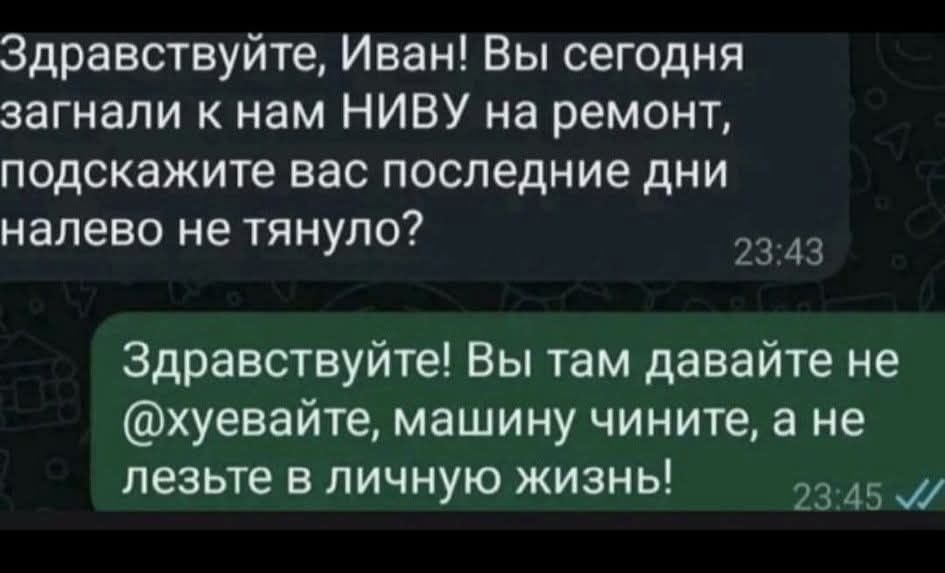 Здравствуйте, Иван! Вы сегодня загнали к нам НИВУ на ремонт, подскажите вас последние дни налево не тянуло? Здравствуйте! Вы там давайте не @хуевйте, машину чините, а не лезьте в личную жизнь!