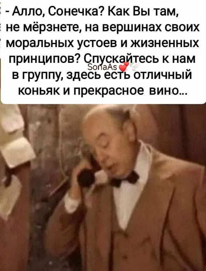 - Алло, Сонечка? Как Вы там, не мёрзнете, на вершинах своих моральных устоев и жизненных принципов? Спускайтесь к нам в группу, здесь есть отличный коньяк и прекрасное вино...