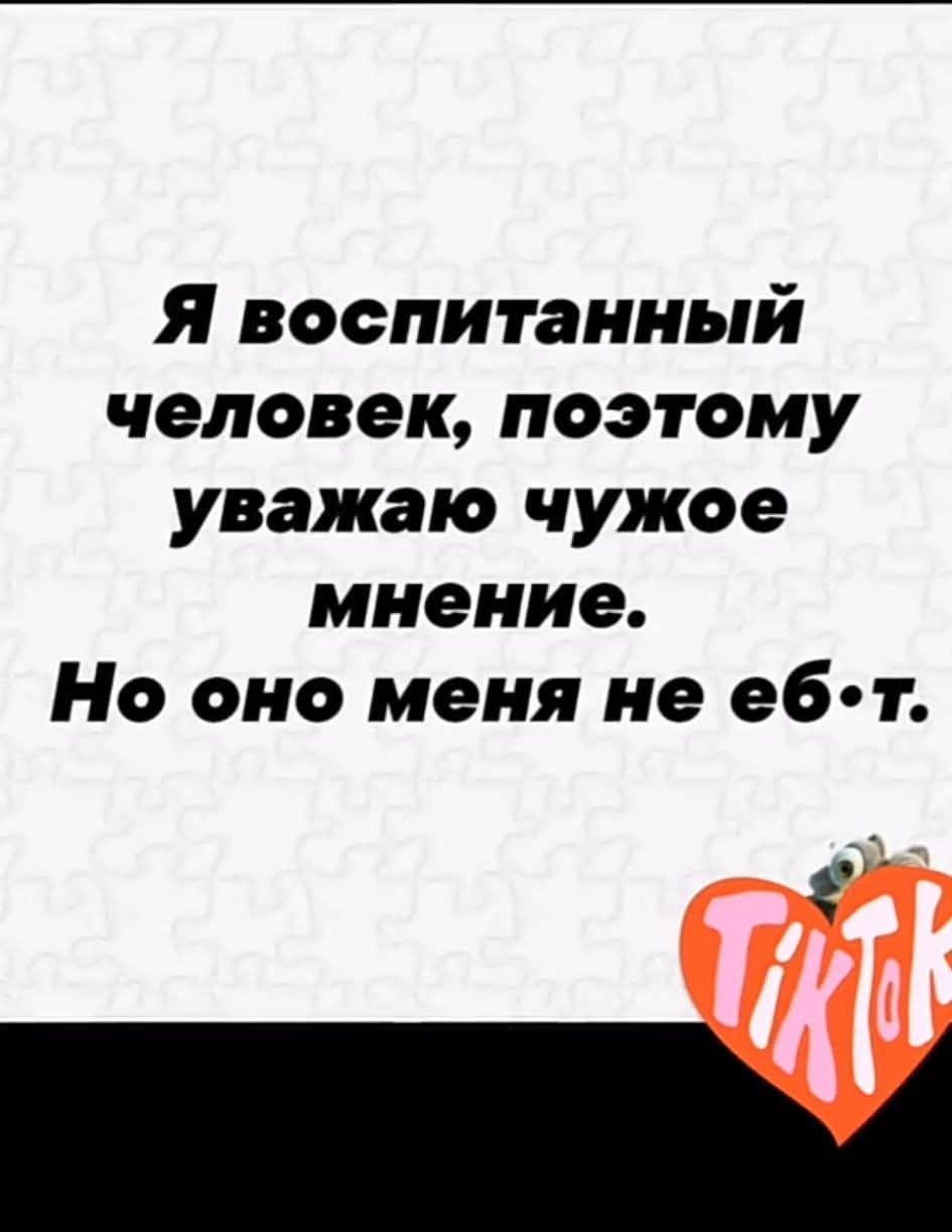 Я воспитанный человек, поэтому уважаю чужое мнение. Но оно меня не ебёт.