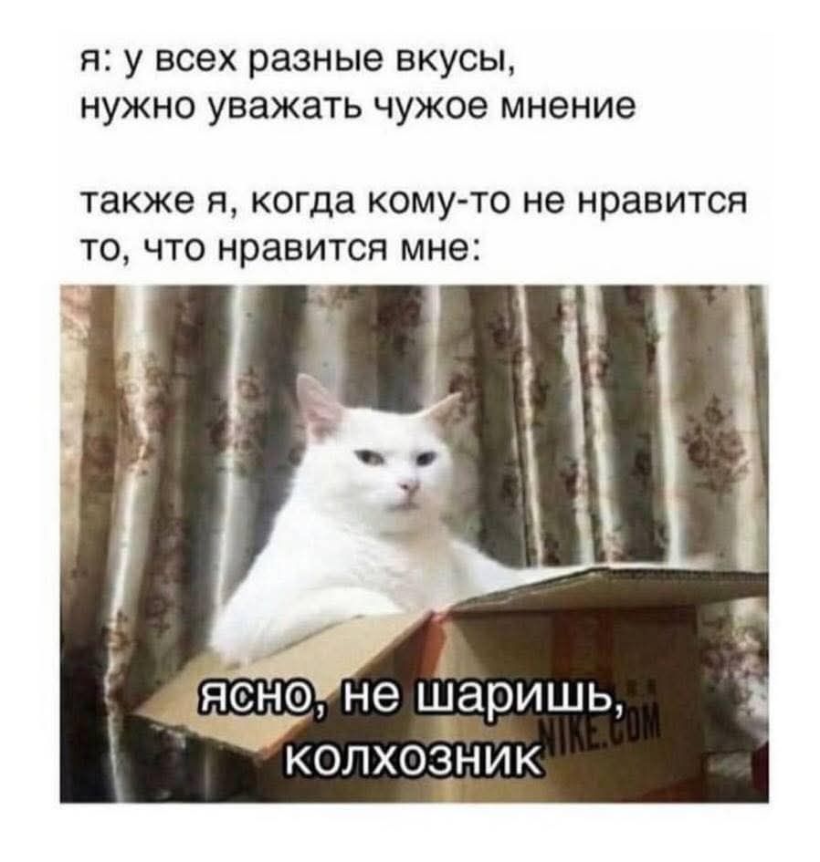 я: у всех разные вкусы, нужно уважать чужое мнение
также я, когда кому-то не нравится то, что нравится мне:
ясно, не шаришь, колхозник