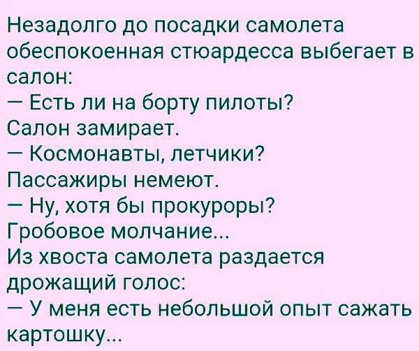 Незадолго до посадки самолета обеспокоенная стюардесса выбегает в салон:
— Есть ли на борту пилоты?
Салон замирает.
— Космонавты, летчики?
Пассажиры немеют.
— Ну, хотя бы прокуроры?
Гробовое молчание...
Из хвоста самолета раздается дрожащий голос:
— У меня есть небольшой опыт сажать картошку...