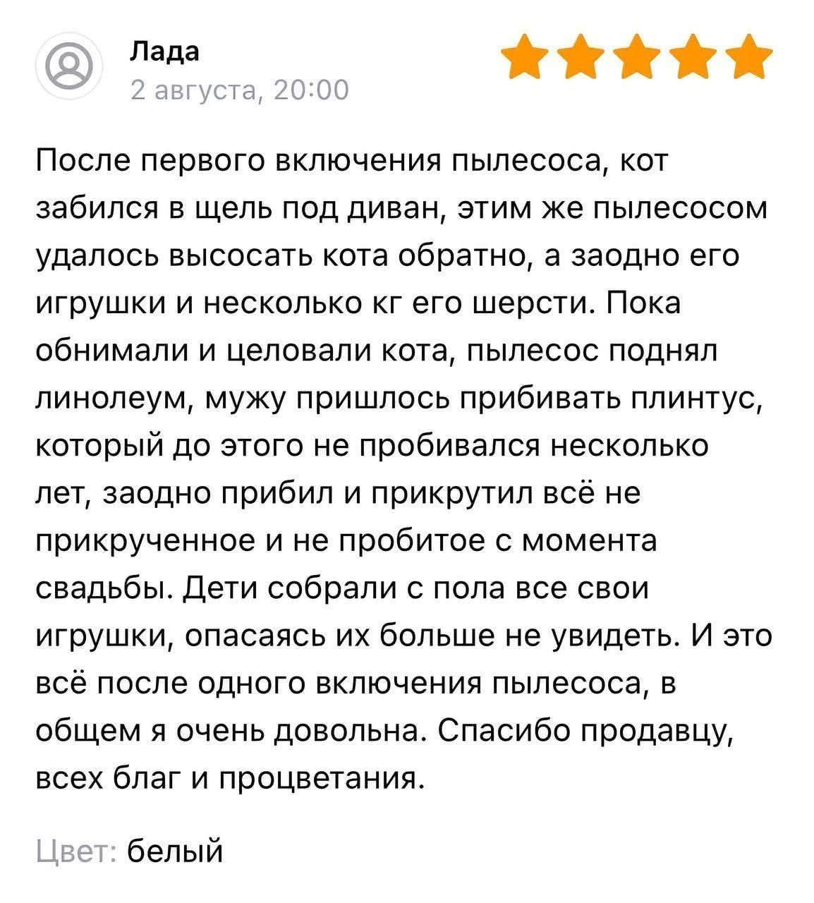 После первого включения пылесоса, кот забился в щель под диван, этим же пылесосом удалось высосать кота обратно, а заодно его игрушки и несколько кг его шерсти. Пока обнимали и целовали кота, пылесос поднял линолеум, мужу пришлось прибивать плинтус, который до этого не пробивался несколько лет, заодно прибил и прикрутил всё не прикрученное и не