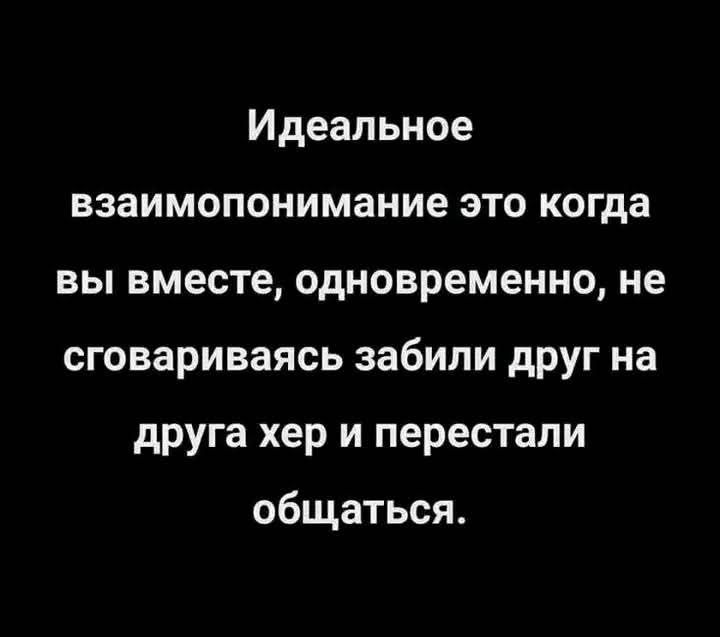 Идеальное взаимопонимание это когда вы вместе, одновременно, не сговариваясь забили друг на друга хер и перестали общаться.