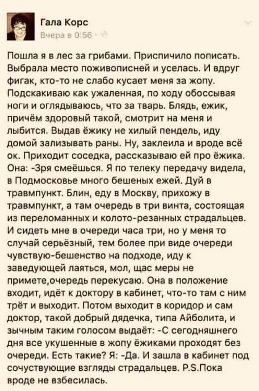 Пошла я в лес за грибами. Приспичило пописать. Выбрала место поживописней и уселась. И вдруг фигак, кто-то не слабо кусает меня за жопу. Подскакиваю как ужаленная, по ходу обоссывая ноги и оглядываюсь, что за тварь. Блядь, ежик, причём здоровый такой, смотрит на меня и лыбится. Выдав ежику не хилый пендель, иду домой зализывать раны. Ну, заклеила