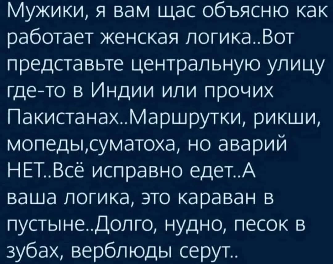 Мужики, я вам щас объясню как работает женская логика..Вот представьте центральную улицу где-то в Индии или прочих Пакистанах..Маршрутки, рикши, мопеды,суматоха, но аварий НЕТ..Всё исправно едет..А ваша логика, это караван в пустыне..Долго, нудно, песок в зубах, верблюды серут..