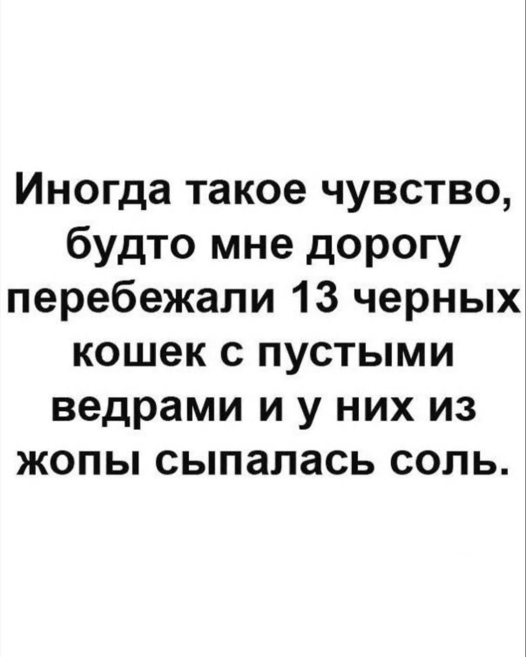 Иногда такое чувство, будто мне дорогу перебежали 13 черных кошек с пустыми ведрами и у них из жопы сыпалась соль.