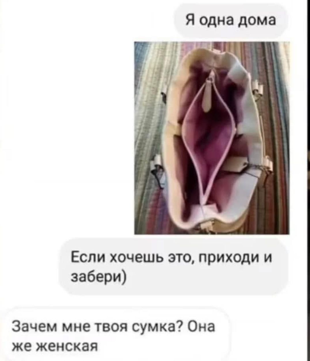 Я одна дома
Если хочешь это, приходи и забери)
Зачем мне твоя сумка? Она же женская