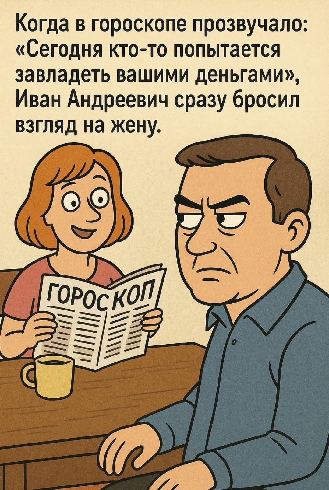 Когда в гороскопе прозвучало: «Сегодня кто-то попытается завладеть вашими деньгами», Иван Андреевич сразу бросил взгляд на жену.