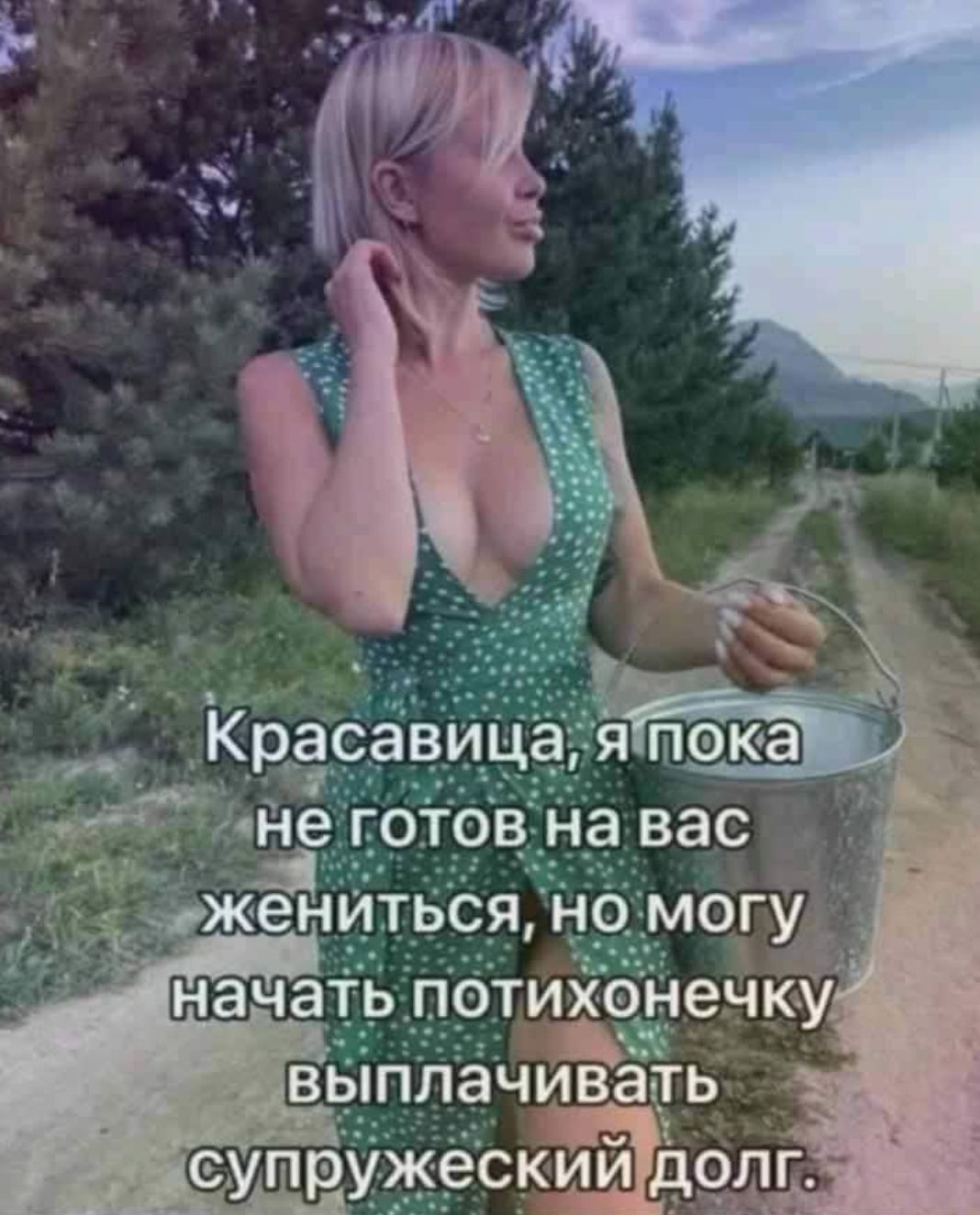 Красавица, я пока не готов на вас жениться, но могу начать потихонечку выплачивать супружеский долг.