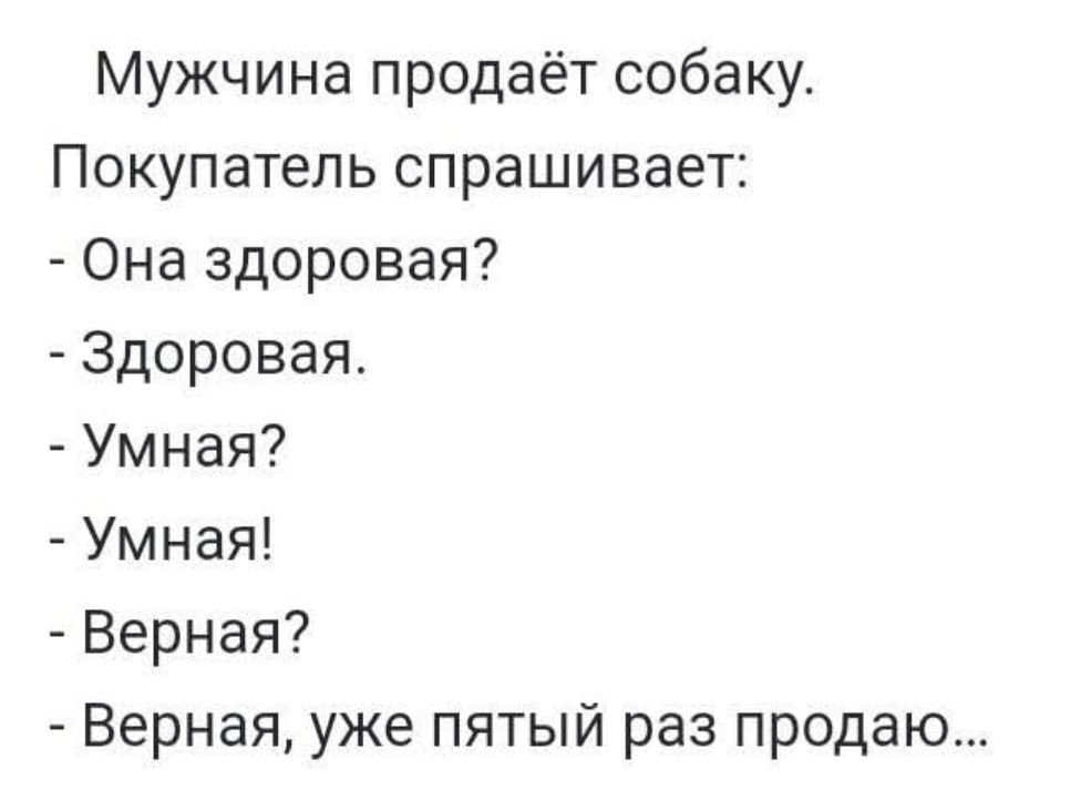 Мужчина продаёт собаку.
Покупатель спрашивает:
- Она здорова?
- Здорова.
- Умная?
- Умная!
- Верная?
- Верная, уже пятый раз продаю...
