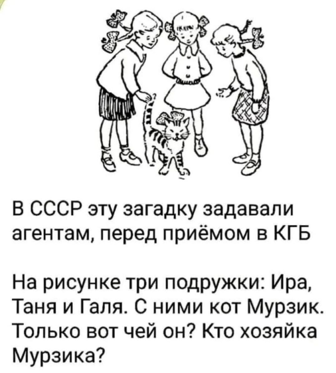 В СССР эту загадку задавали агентам, перед приёмом в КГБ На рисунке три подружки: Ира, Таня и Галя. С ними кот Мурзик. Только вот чей он? Кто хозяйка Мурзика?