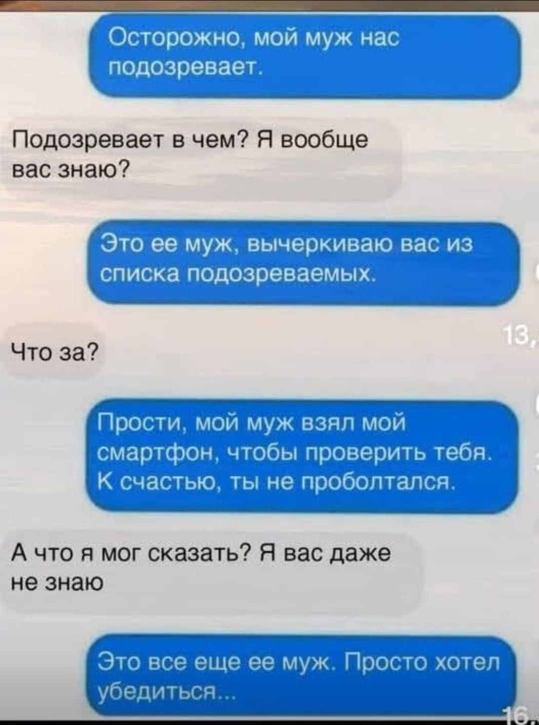 Осторожно, мой муж нас подозревает.
Подозревает в чем? Я вообще вас знаю?
Это ее муж, вычеркваю вас из списка подозреваемых.
Что за?
Прости, мой муж взял мой смартфон, чтобы проверить тебя. К счастью, ты не проболталась.
А что я мог сказать? Я вас даже не знаю
Это всё еще ее муж. Просто хотел убедиться...