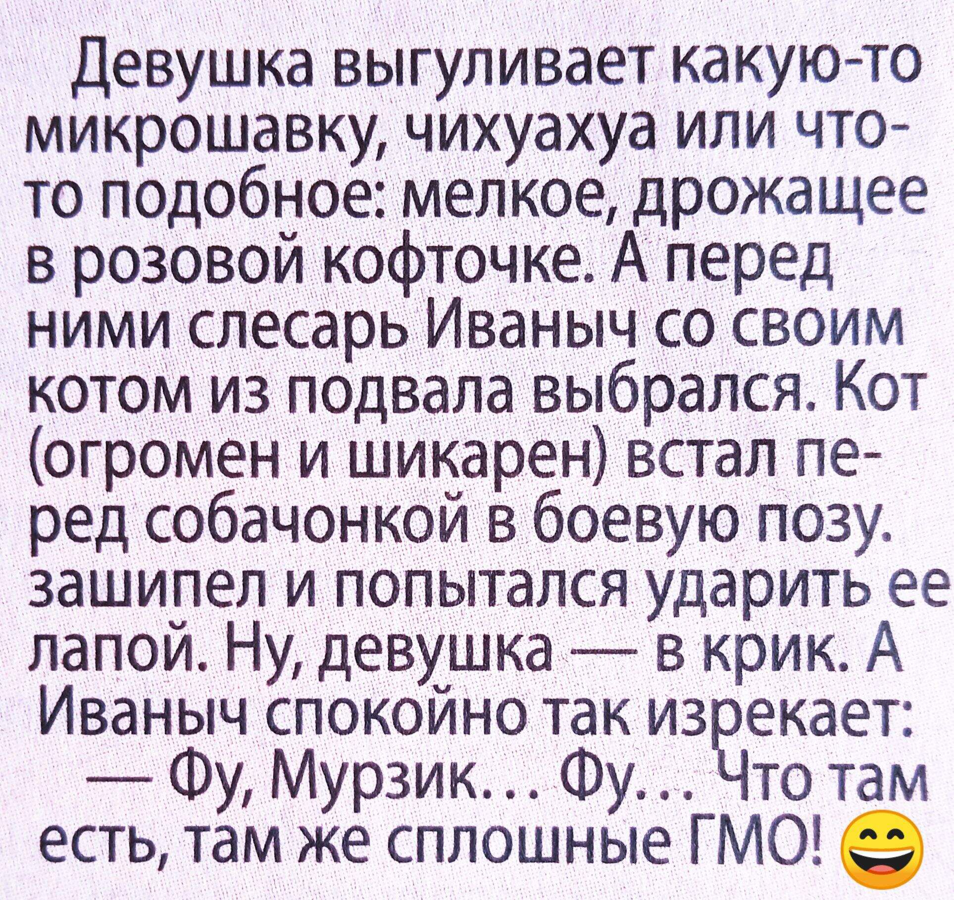 Девушка вигуливает какую-то микрошашку, чихуахуа или что-то подобное: мелкое, дрожащее в розовом кофточке. А перед ними слесарь Иваныч со своим котом из подвала выбрался. Кот (огромен и шикарен) встал перед собачонкой в боевую позу, зашипел и попытался ударить её лапой. Ну, девушка — в крик. А Иваныч спокойно так изрекает: — Фу, Мурзик... Фу... Что там есть, там же сплошные ГМО! 😄