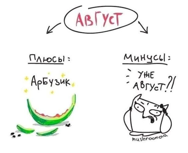 АВГУСТ
ПЛЮСЫ:
Арбузик
МИНУСЫ:
УНЁ АВГУСТ!!