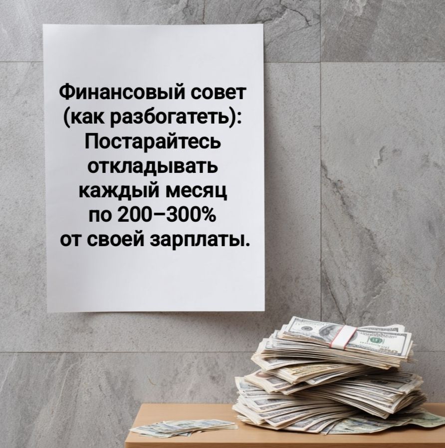 Финансовый совет (как разбогатеть): Постарайтесь откладывать каждый месяц по 200–300% от своей зарплаты.