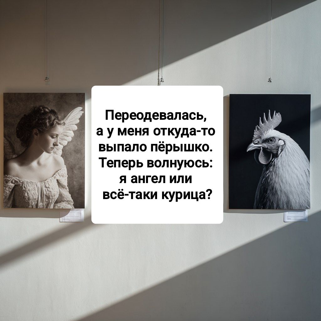 Переодевалась, а у меня откуда-то выпало пёрышко. Теперь волнуясь: я ангел или всё-таки курица?