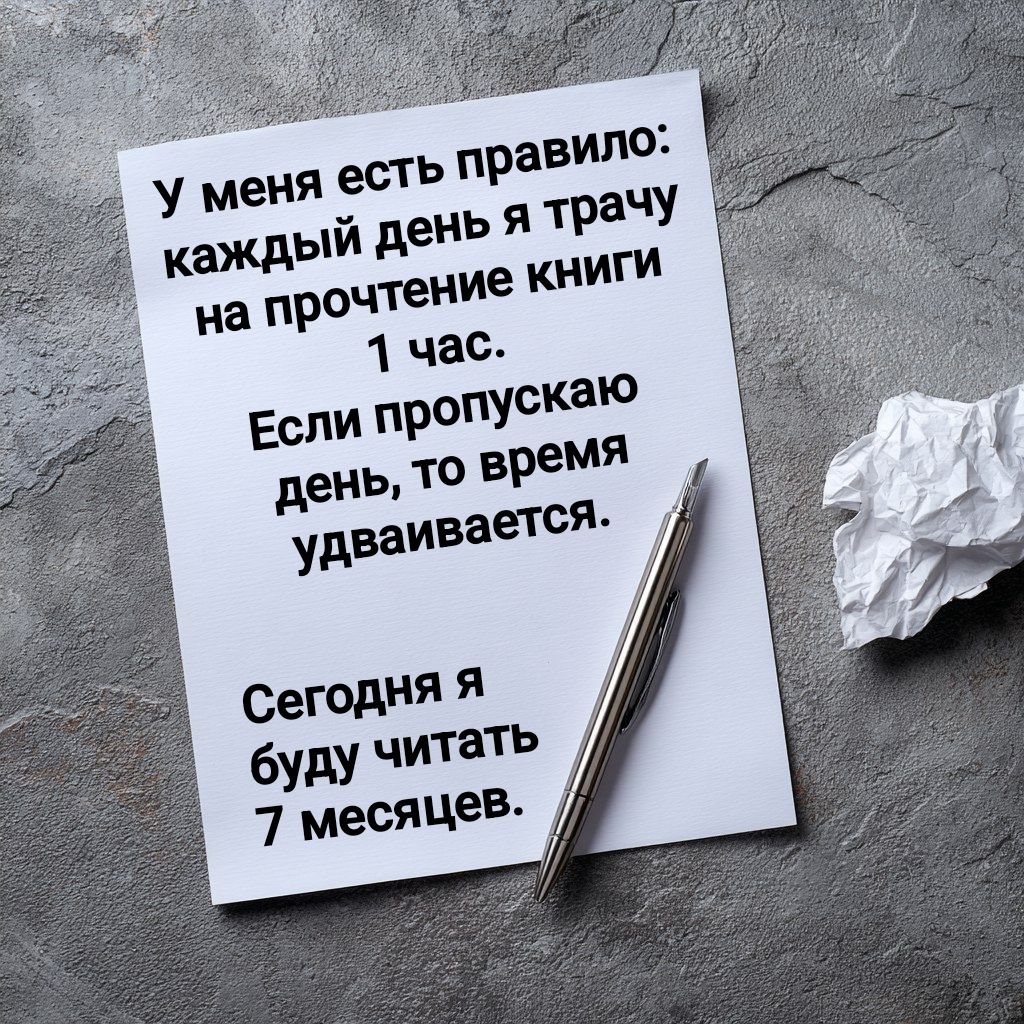 У меня есть правило: каждый день я трачу на прочтение книги 1 час. Если пропускаю день, то время удваивается. Сегодня я буду читать 7 месяцев.