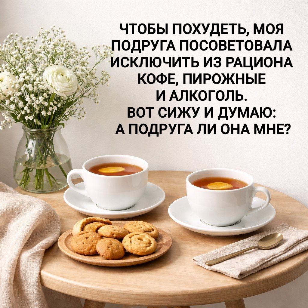ЧТОБЫ ПОХУДЕТЬ, МОЯ ПОДРУГА ПОСОВЕТОВАЛА ИСКЛЮЧИТЬ ИЗ РАЦИОНА КОФЕ, ПИРОЖНЫЕ И АЛКОГОЛЬ. ВОТ СИДУ И ДУМАЮ: А ПОДРУГА ЛИ ОНА МНЕ?