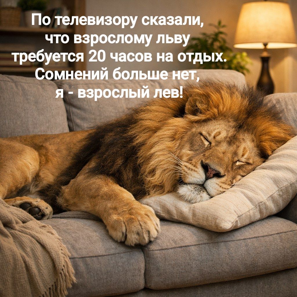 По телевизору сказали, что взросому льву требуется 20 часов на отдых. Сомнений больше нет, я - взрослый лев!