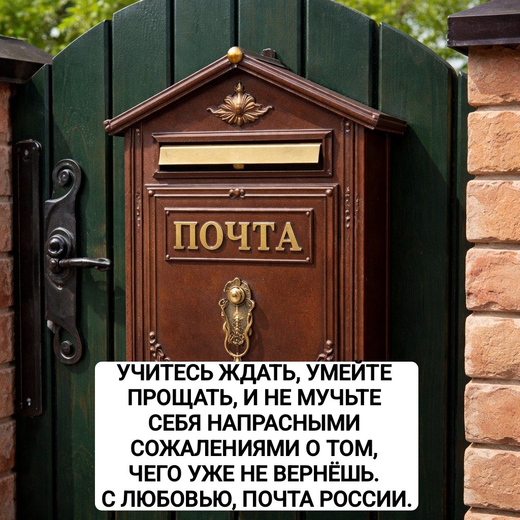 УЧИТЕСЬ ЖДАТЬ, УМЕЙТЕ ПРОЩАТЬ, И НЕ МУЧЬТЕ СЕБЯ НАПРАСНЫМИ СОЖАЛЕНИЯМИ О ТОМ, ЧЕГО УЖЕ НЕ ВЕРНЁШЬ. С ЛЮБОВЬЮ, ПОЧТА РОССИИ.