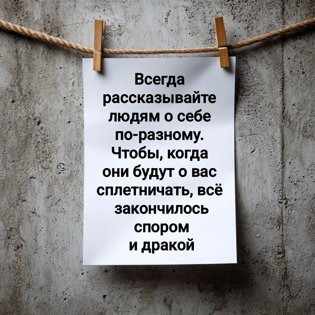 Всегда рассказывайте людям о себе по-разному. Чтобы, когда они будут о вас сплетничать, всё закончилось спором и дракой