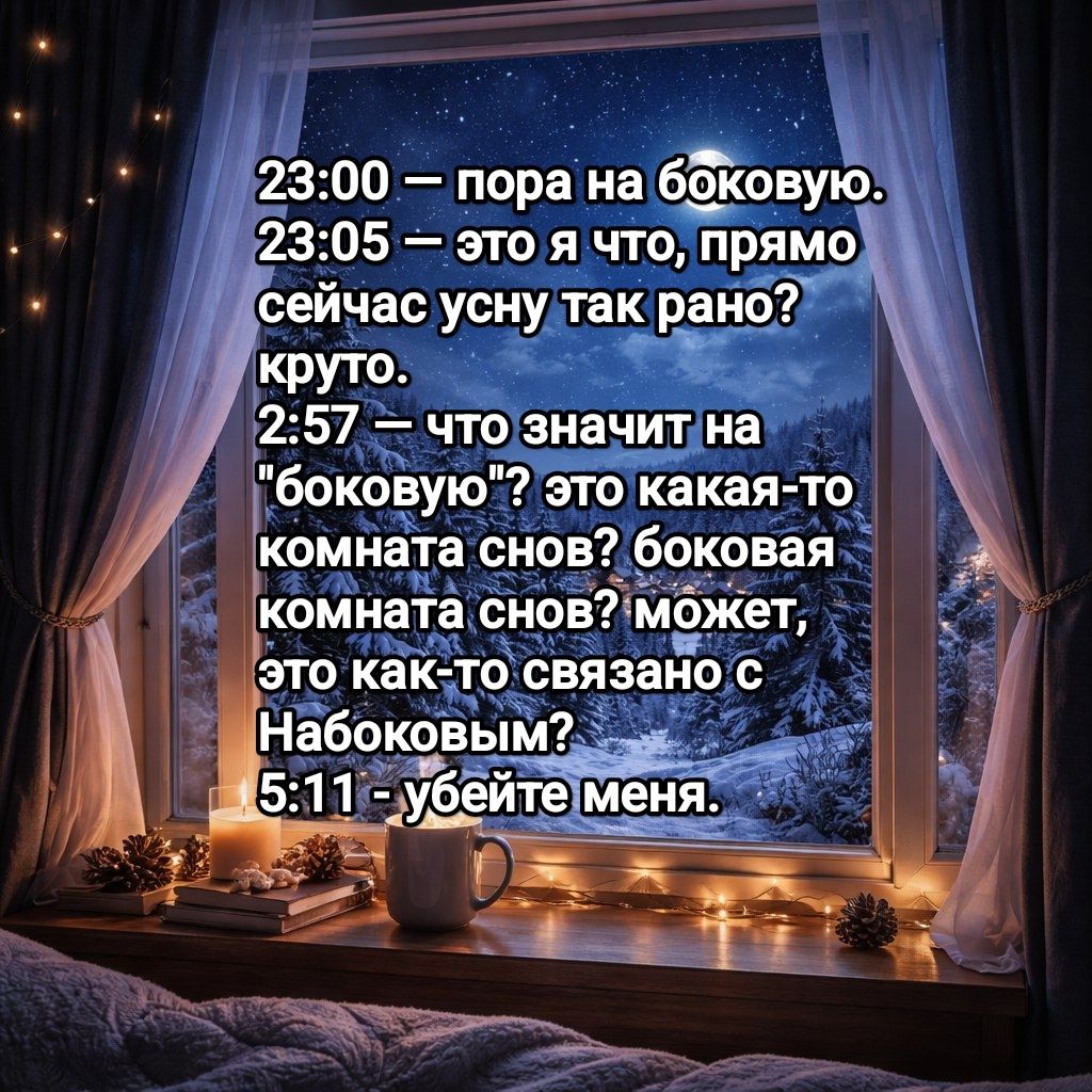 23:00 — пора на боковую. 23:05 — это я что, прямо сейчас усну так рано? круто. 2:57 — что значит на 