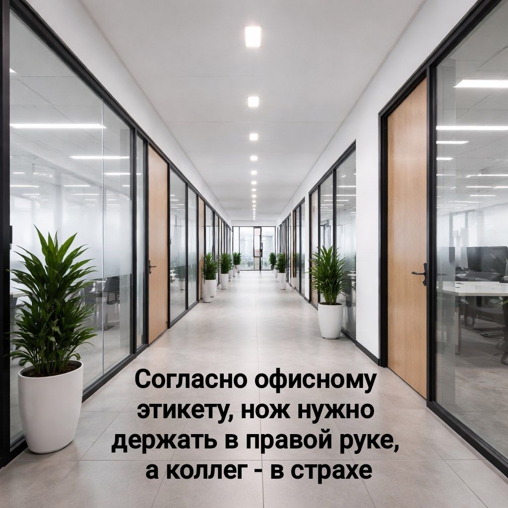 Согласно офисному этикету, нож нужно держать в правой руке, а коллег - в страхе