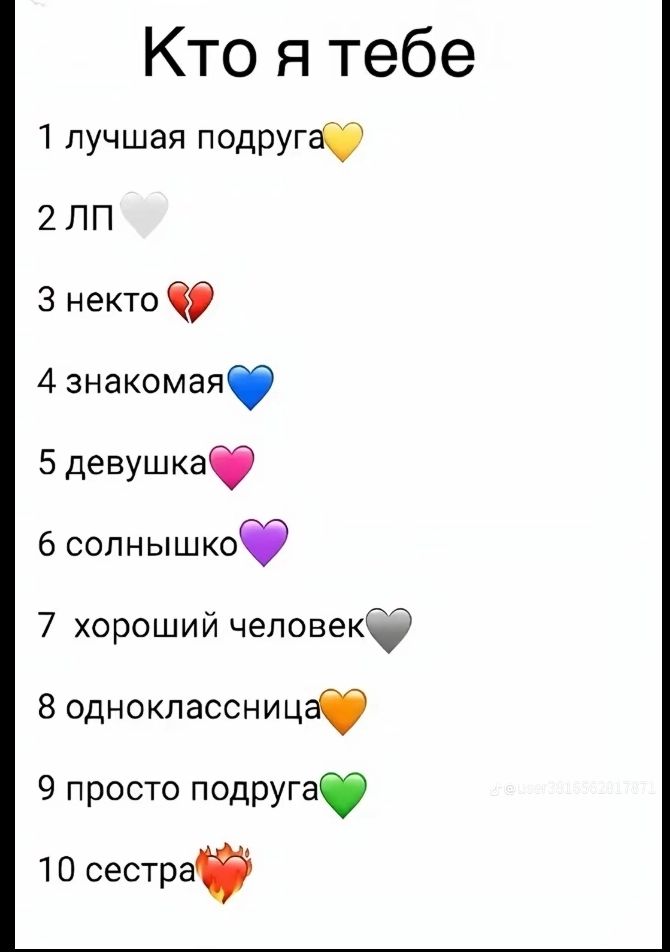 Кто я тебе
1 лучшая подруга
2 ЛП
3 некто
4 знакомая
5 девушка
6 солнышко
7 хороший человек
8 одноклассница
9 просто подруга
10 сестра