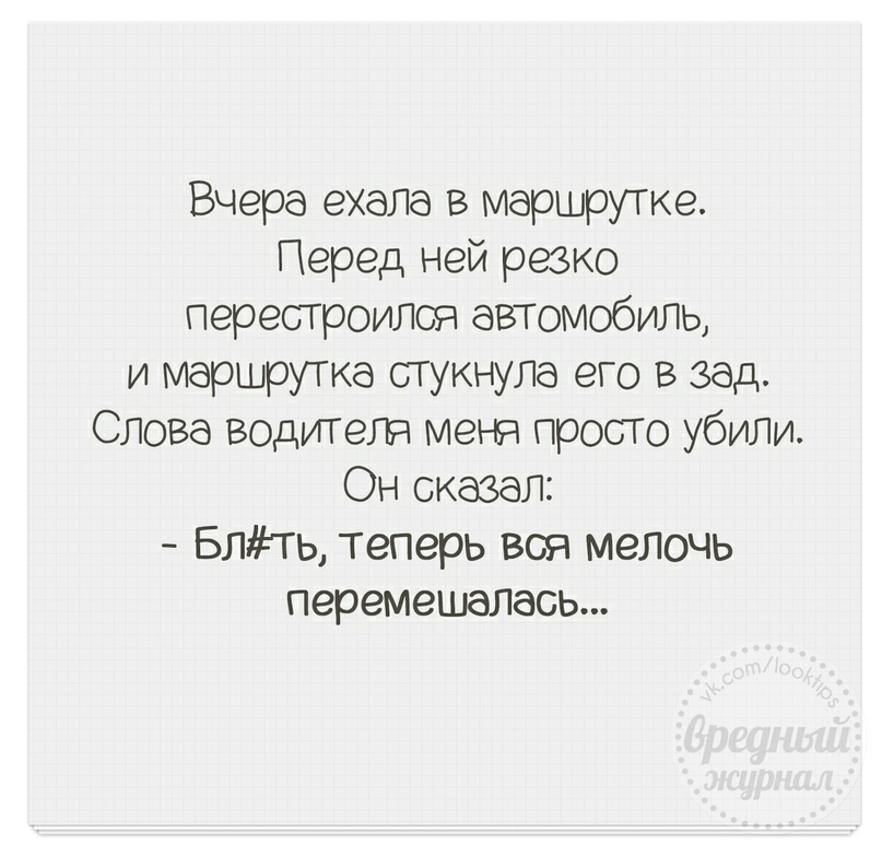 Вчера ехала в маршрутке Перед ней резко перестроилоч автомобиль и маршрутка стукнула его в зад Слова водитела меня просто убили Он сказал Блть теперь вся мелочь перемещалась