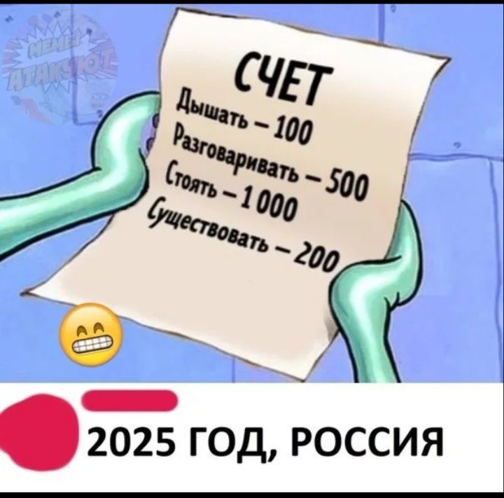 СЧЕТ
Дышать – 100
Разговаривать – 500
Стоять – 1000
Существовать – 200
2025 ГОД, РОССИЯ
