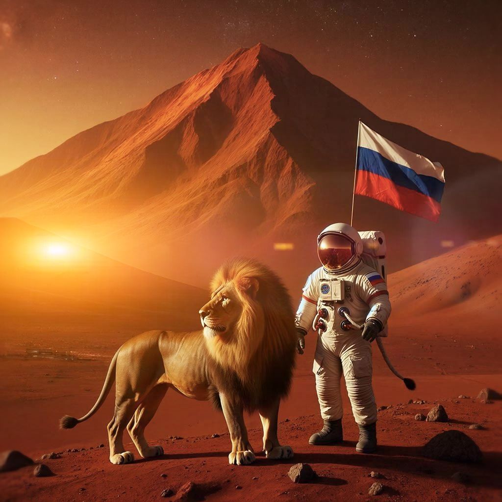Астронавт с львом на марсианской поверхности с флагом России на закате.