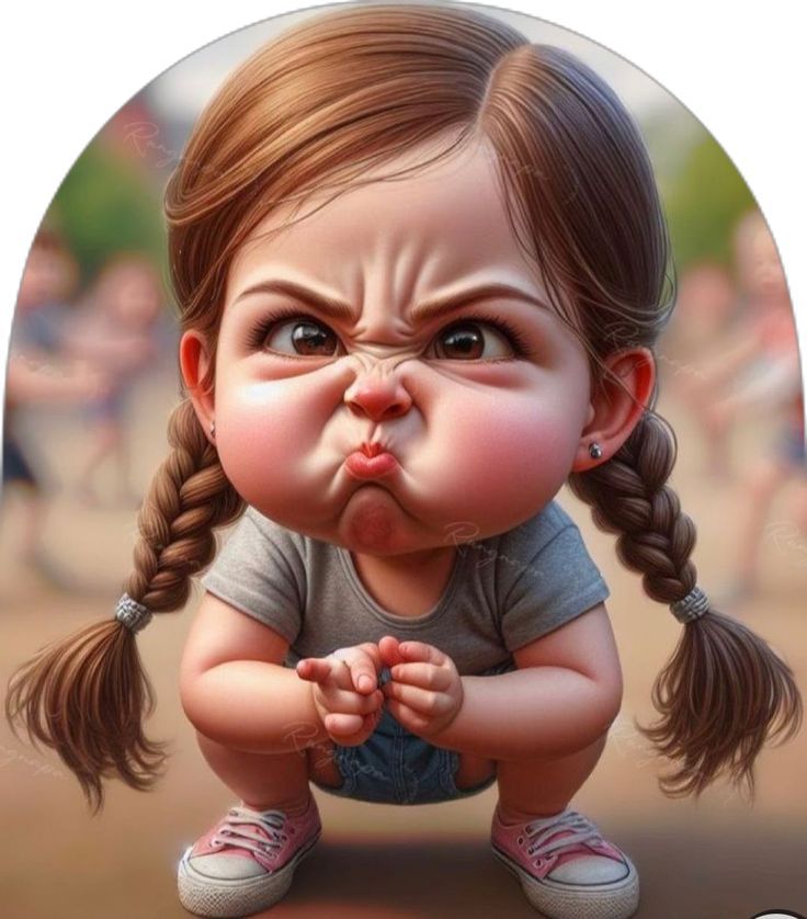 Мультяшная рассерженная девочка с косичками и сжатыми кулачками