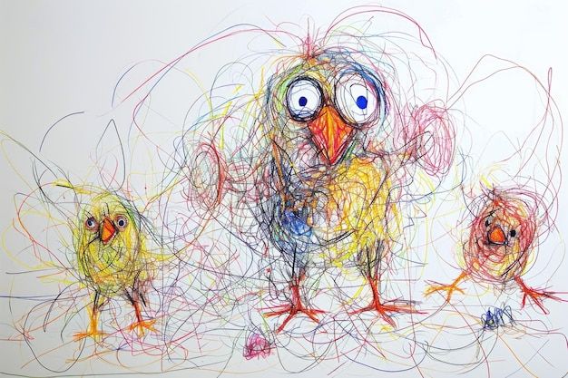 Детский рисунок трёх птиц, яркие разноцветные линии и карандаши.