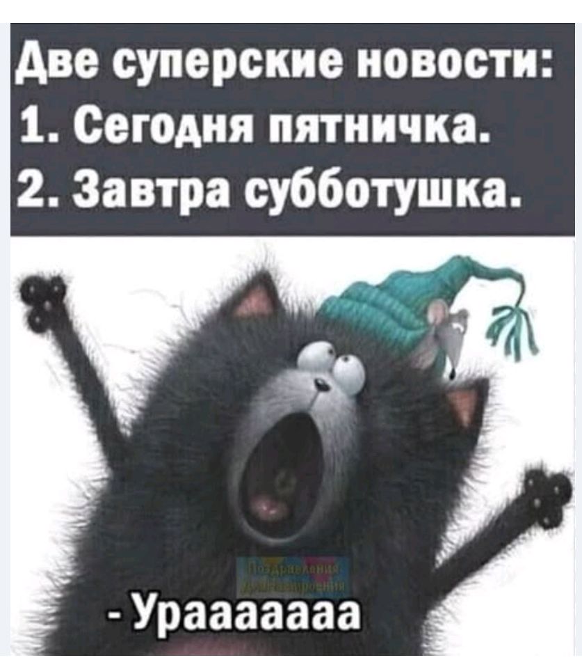 Две суперские новости: 1. Сегодня пятничка. 2. Завтра субботушка.
- Ураaaaaaa