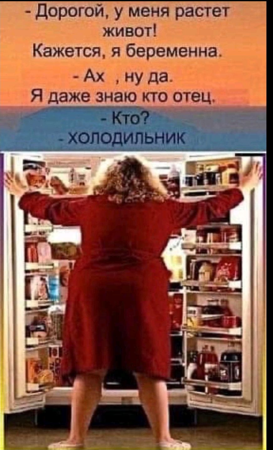 Дорогой, у меня растет живот! Кажется, я беременна.
- Ах, ну да. Я даже знаю кто отец.
- Кто?
- ХОЛОДИЛЬНИК