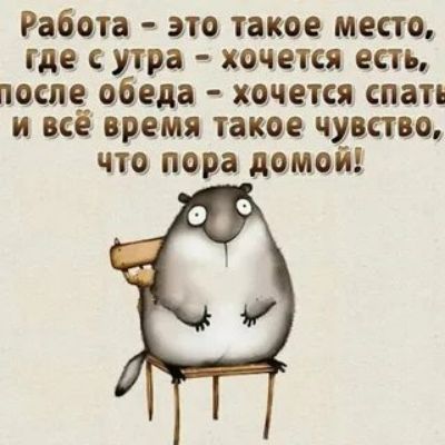 Работа - это такое место, где с утра - хочется есть, после обеда - хочется спать, и всё время такое чувство, что пора домой!
