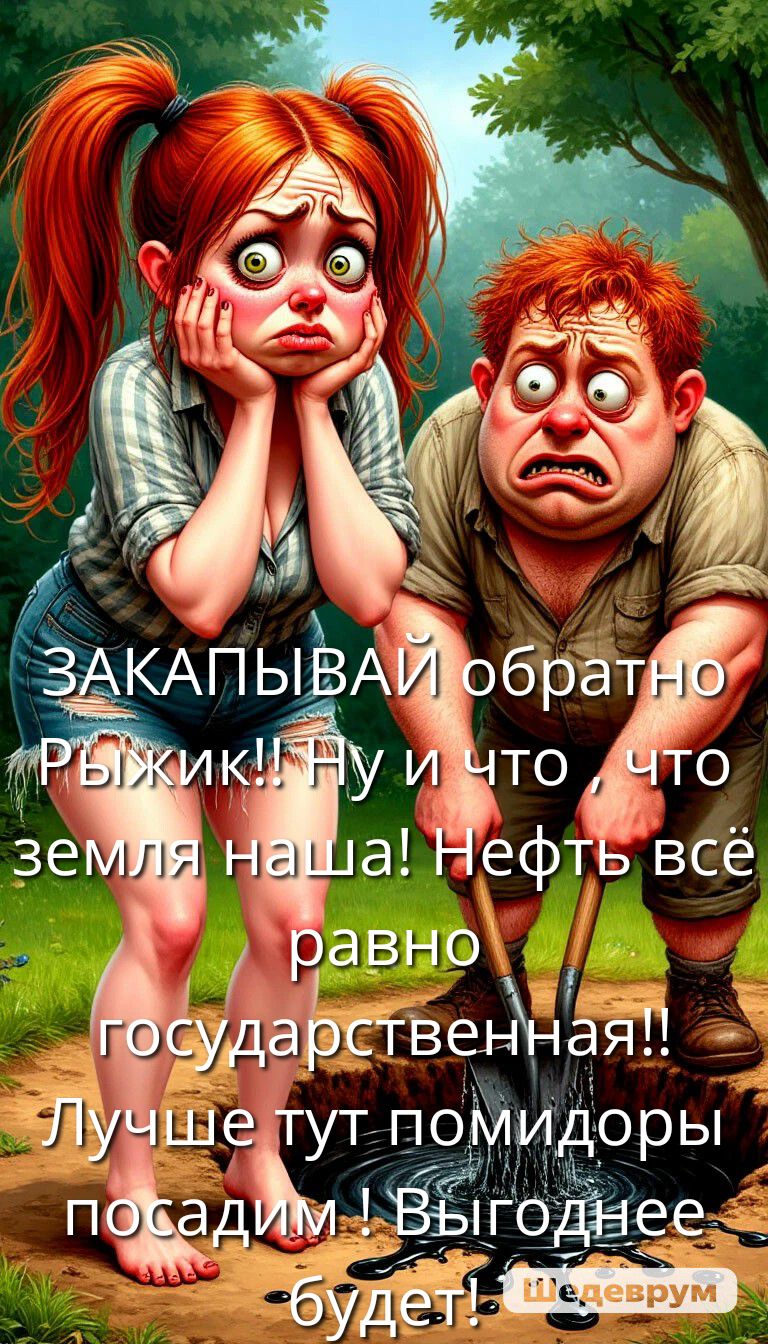 ЗАКАПЫВАЙ обратно Рыжик!! Ну и что, что земля наша! Нефть всё равно государственная!! Лучше тут помидоры посадим! Выгоднее будет!