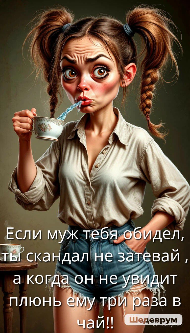 Если муж тебя обидел, ты скандал не затевай, а когда он не увидит плёнь ему три раза в чай!!