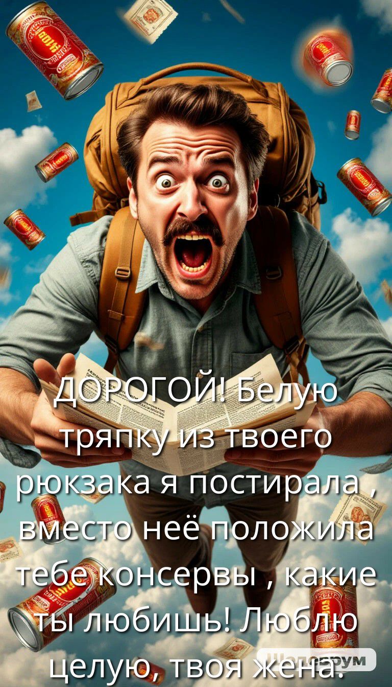 ДОРОГОЙ! Белую тряпку из твоего рюкзака я постирала, вместо неё положила тебе консервы, какие ты любишь! Люблю целую, твоя жена.