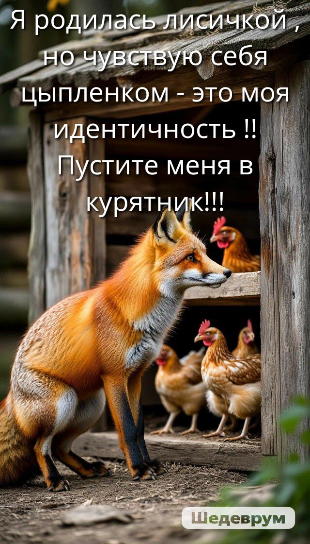 Я родилась лисичкой, но чувствую себя цыпленком - это моя идентичность !! Пустите меня в курятник!!!