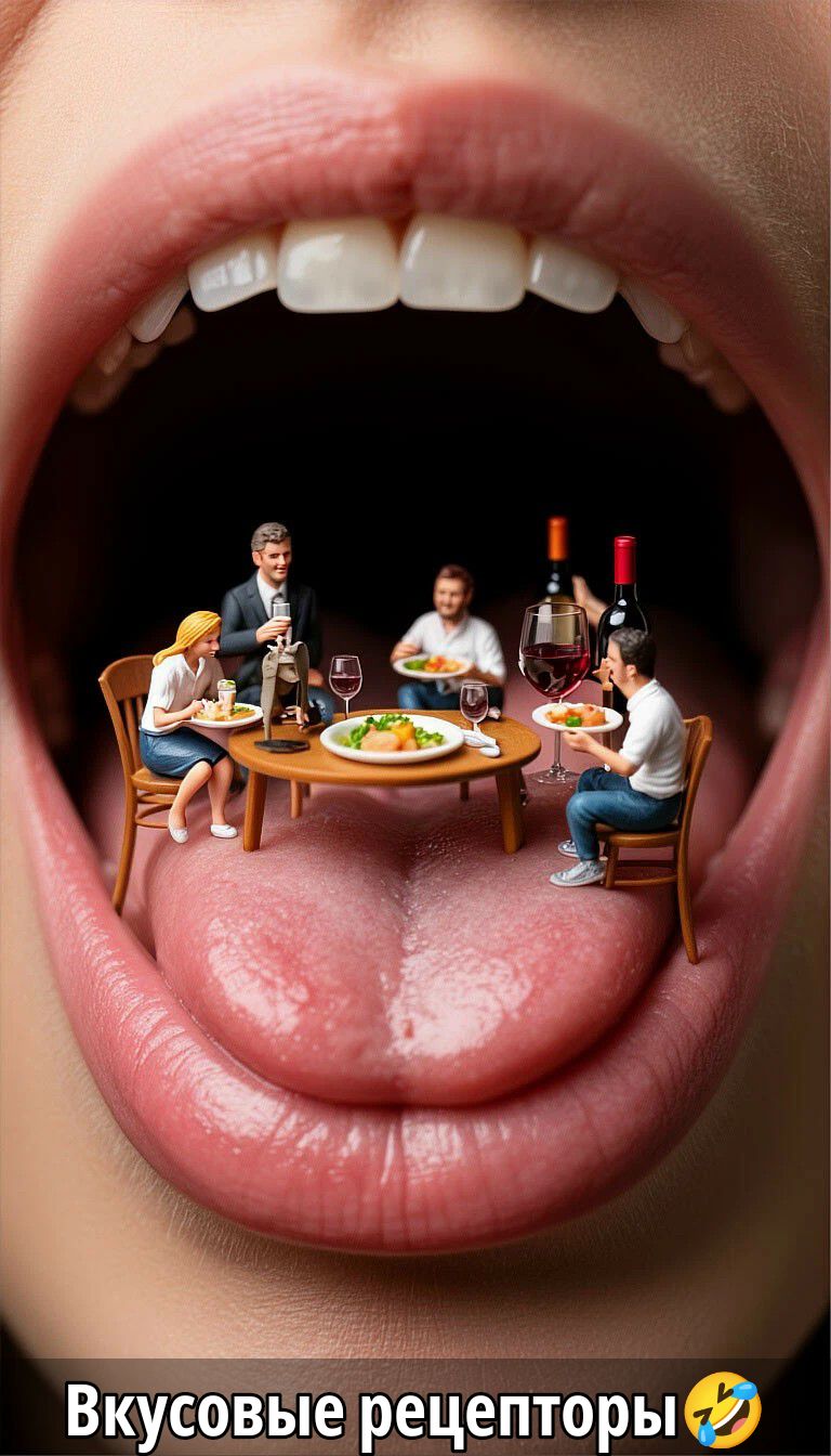 Вкусовые рецепторы. На гигантском языке во рту сидят миниатюрные люди за столом, едят и пьют вино.