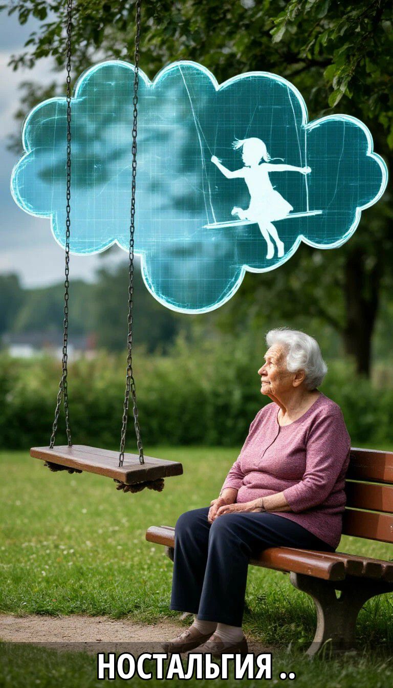 НОСТАЛЬГИЯ .. Пожилая женщина сидит на скамейке в парке, глядя на голограмму девочки на качелях, символизирующую воспоминания о молодости.