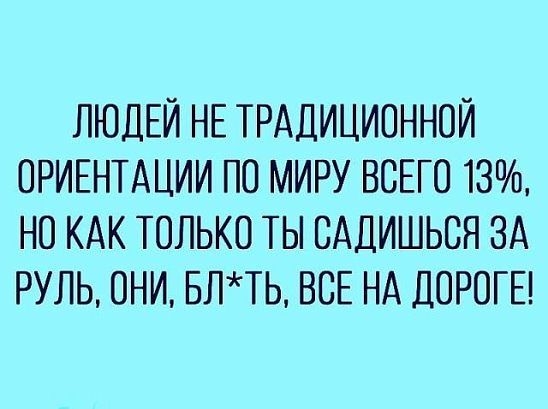ЛЮДЕЙ НЕ ТРАДИЦИОННОЙ ОРИЕНТАЦИИ ПО МИРУ ВСЕГО 13 НО КАК ТОЛЬКО ТЫ ОАДИШЬОЯ ЗА РУЛЬ ОНИ БЛТЬ ВСЕ НА ДОРОГЕ