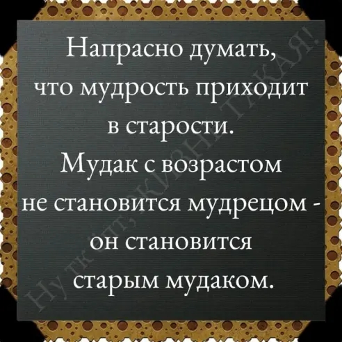 Напрасно думать что мудрость приходит в старости Мудак с возрастом 3 не становится мудрецом он становится СТЗРЫМ мудаком