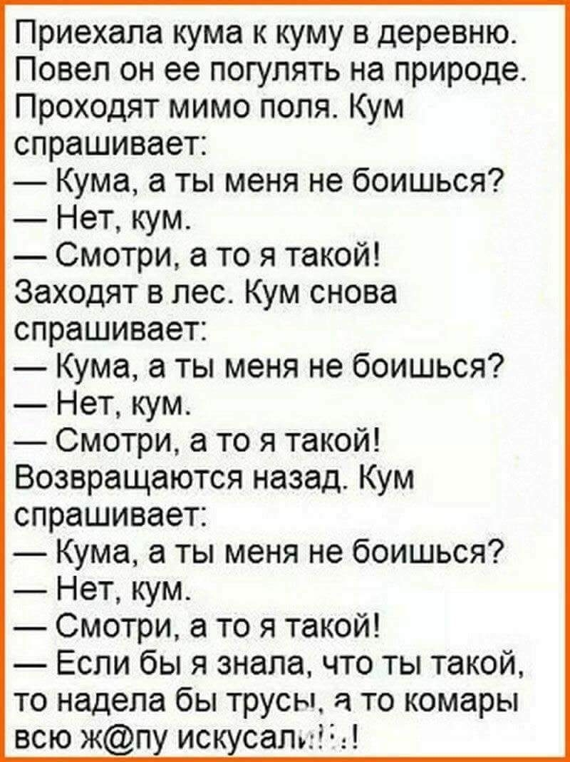 Приехала кума к куму в деревню Повеп он ее погулять на природе Проходят мимо попя Кум спрашивает Кума а ты меня не боишься Нет кум Смотри то я такой Заходят в лес Кум снова спрашивает Кума а ты меня не боишься Нет кум Смотри а то я такой Возвращаются назад Кум спрашивает Кума а ты меня не боишься Нет кум Смотри то я такой Если бы я знала что ты такой то надела бы трусы то комары