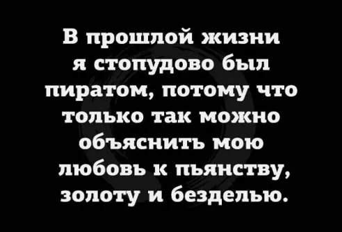 В прошлой жизни я стопудово был пиратом потому что только так можно объяснить мою любовь к пьянству золоту и безделъю